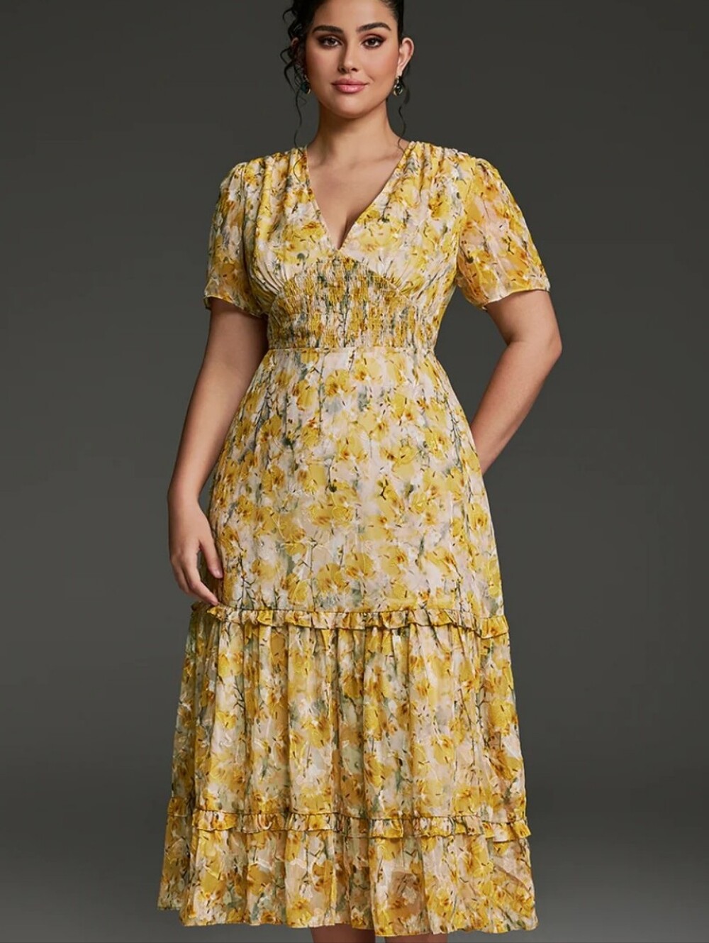 NEW NWT Curveins Yellow Floral V-Neck Midi Dress Sz 4XL